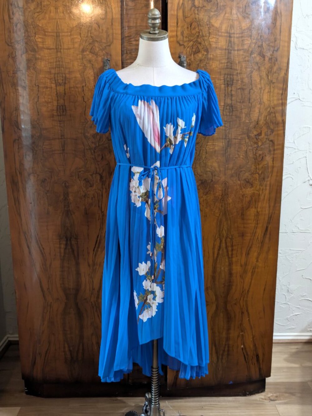 Ted Baker Harmony Melma Midi Dress US 8 UK3 Blue Floral Off Shoulder Pleated